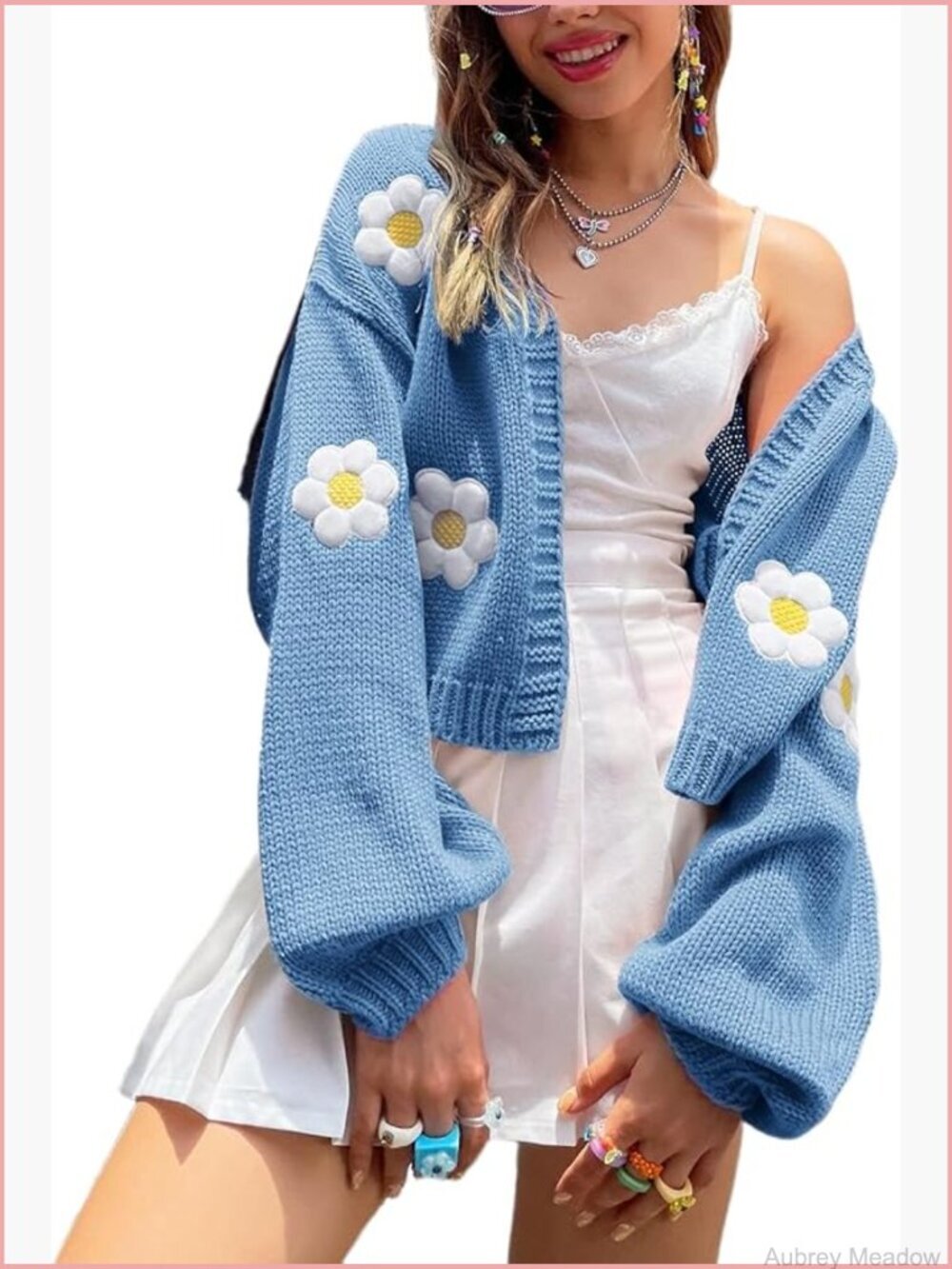 Y2K Cardigan Sweaters Long Sleeve Open Front Cropped Flower Knit Cardigan 90s